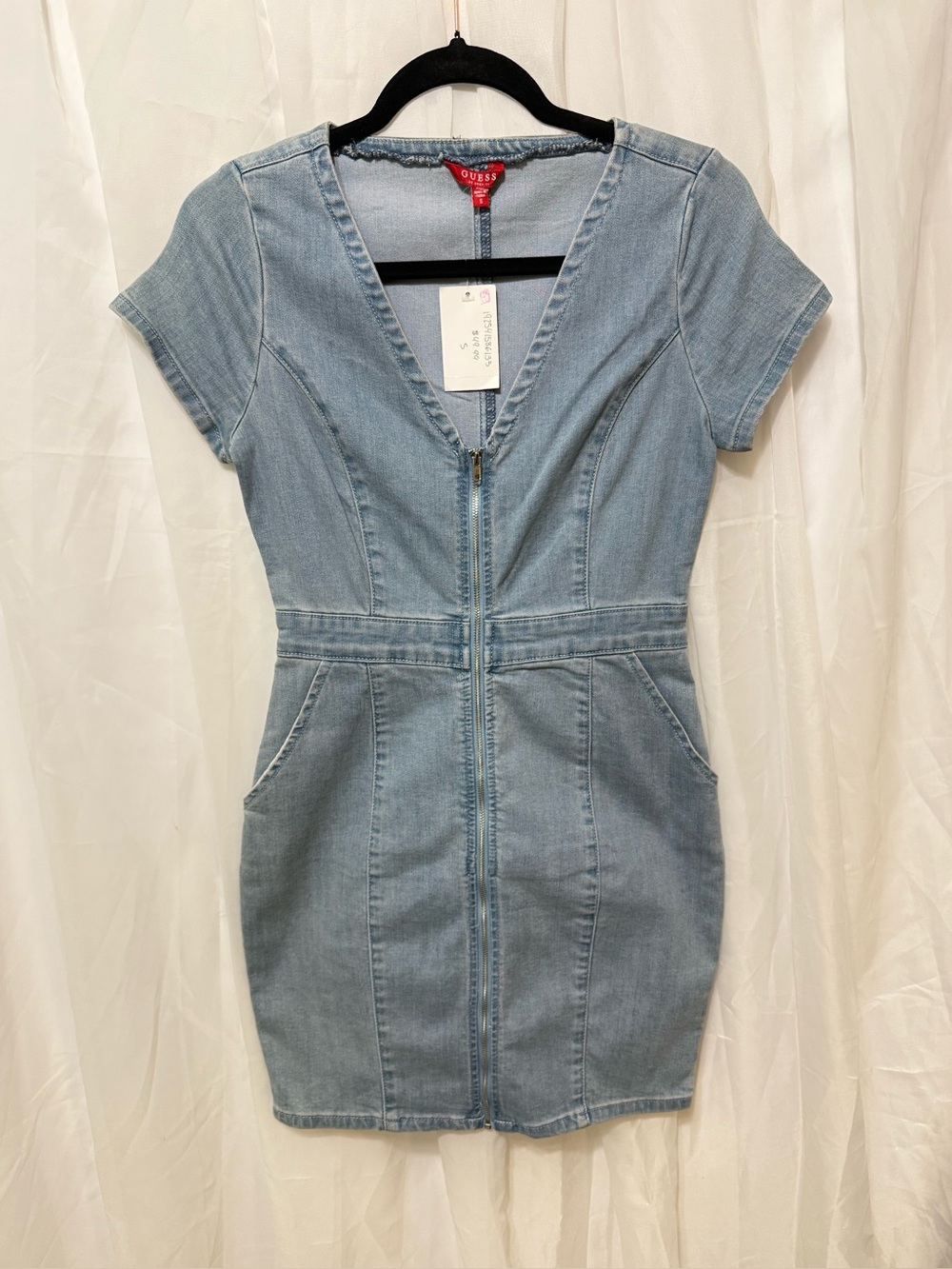 Guess Blue Denim Zip-Front Short Sleeve mini Dress